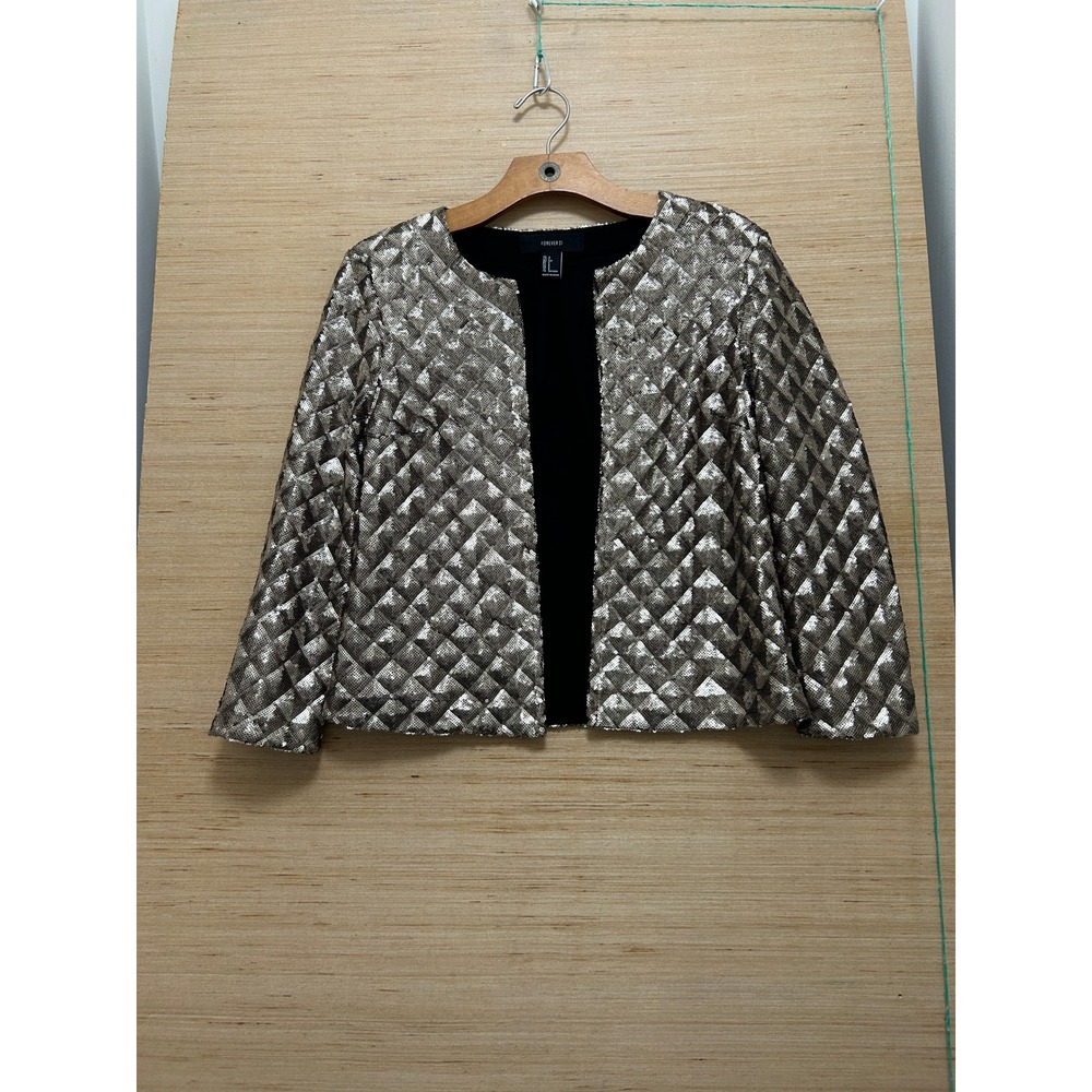Forever‎ 21 Womens Sequin Blazer Quilted Diamond Gold Cropped Open Jacket Small